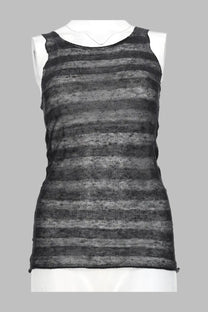 Paloma Wool women’s top dino black sleeveless knit top with black and gray horizontal stripes and textured fabric
