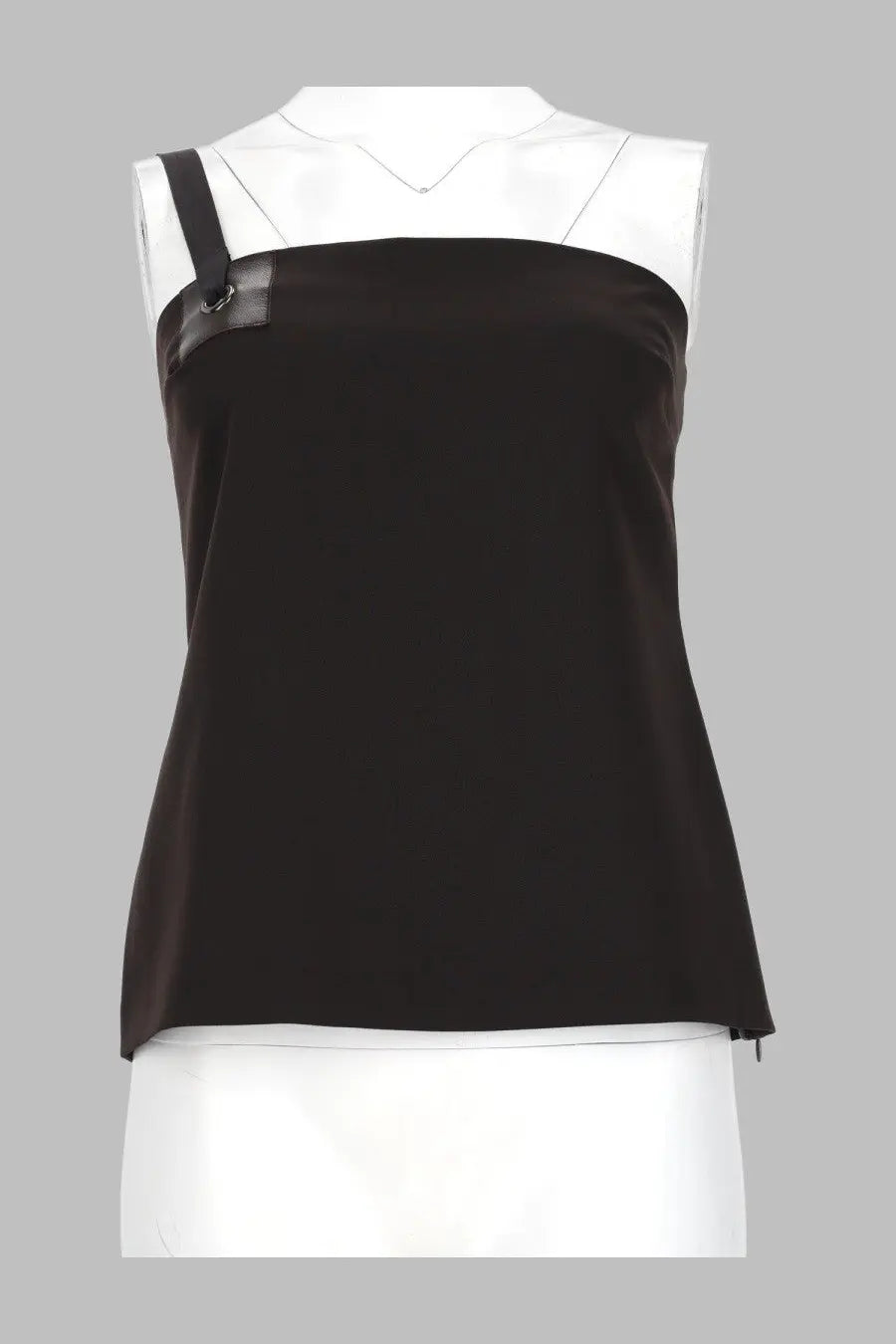 Black satin strapless top with black leather shoulder accent and silver metal ring detail by Paloma Wool