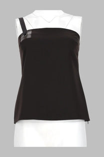 Black satin strapless top with black leather shoulder accent and silver metal ring detail by Paloma Wool