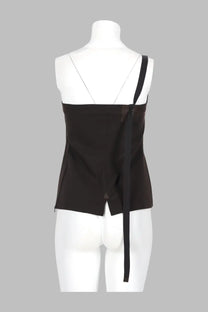 Black one-shoulder top with structured bodice and asymmetrical tie detail from Paloma Wool womens top Lali Brown