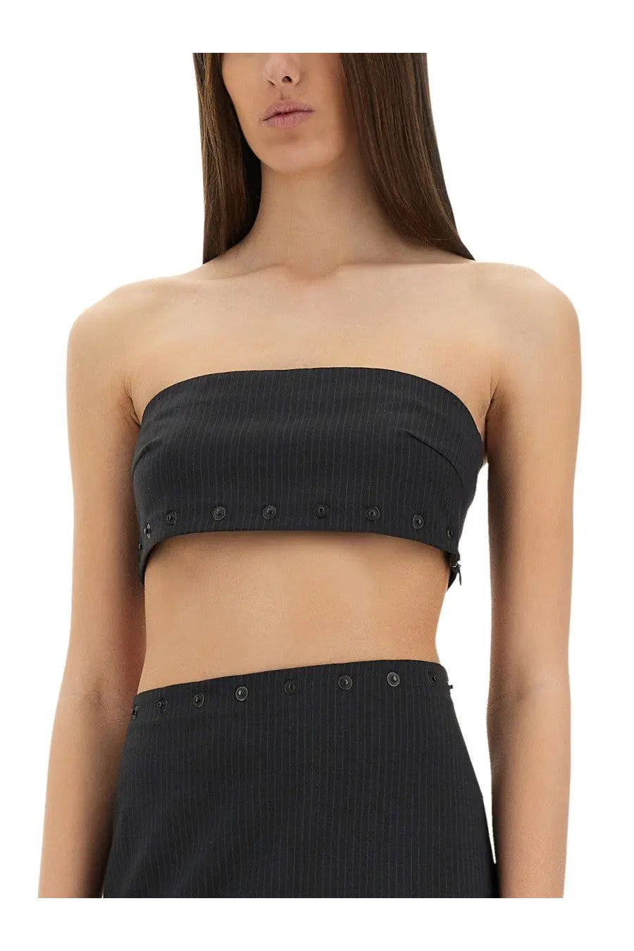Black pinstripe strapless top with decorative metal eyelets along edges from paloma wool womens top nita grey