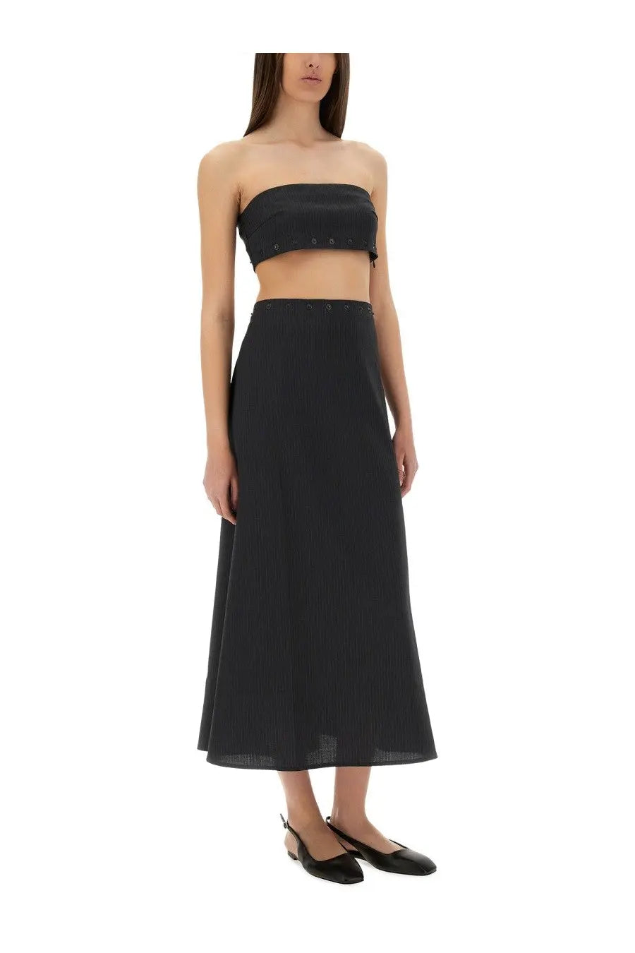 Paloma Wool women’s black strapless crop top with subtle vertical ribbing and button detailing along the hemline