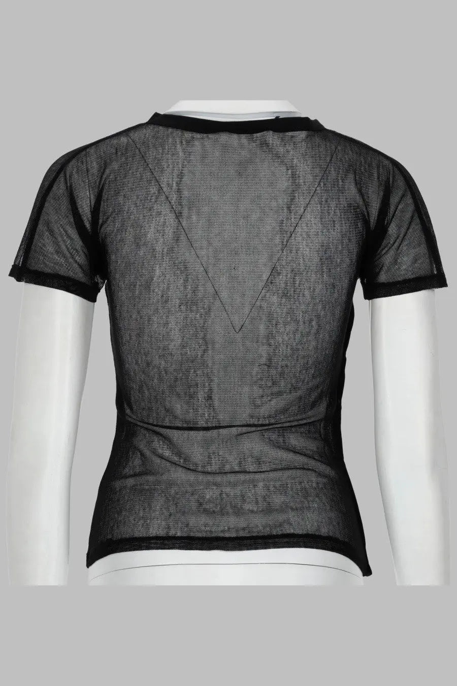 Back view of paloma wool women’s top olimpia in black sheer mesh with short sleeves and v-shaped back panel