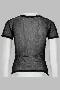 Back view of paloma wool women’s top olimpia in black sheer mesh with short sleeves and v-shaped back panel