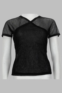 Paloma wool women’s top olimpia in mesh black featuring a black sheer mesh short sleeve with cross over neckline