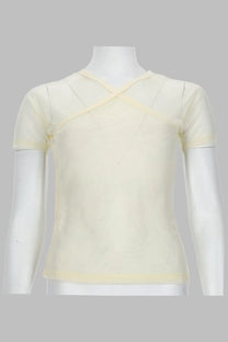 A cream-colored paloma wool women’s top olimipa in mesh white with short sleeves and a cross-over neckline