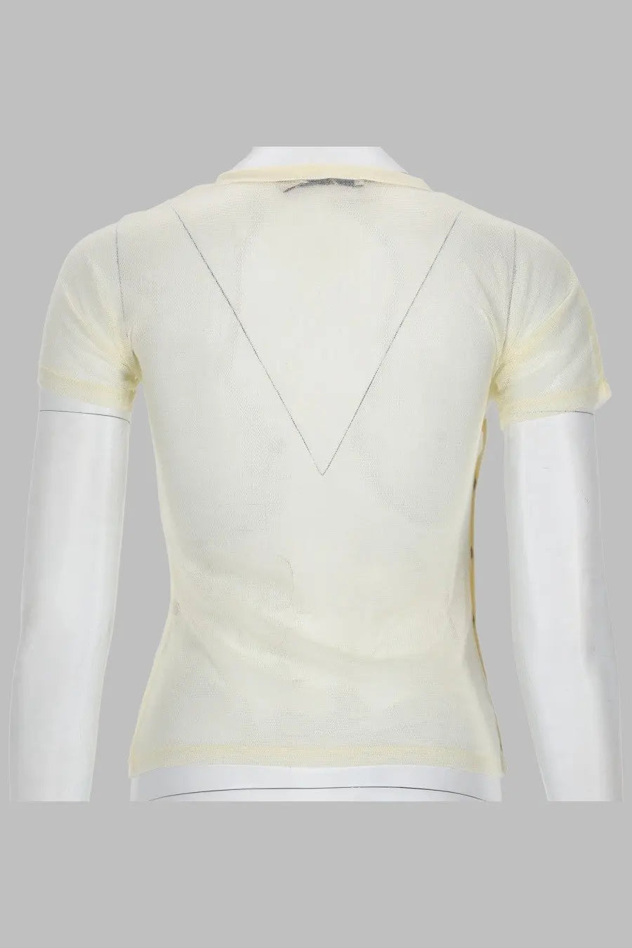 Paloma wool womens top olimpia in mesh white back side showing pale yellow semi transparent polo shirt with v seam