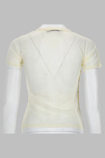 Paloma wool womens top olimpia in mesh white back side showing pale yellow semi transparent polo shirt with v seam