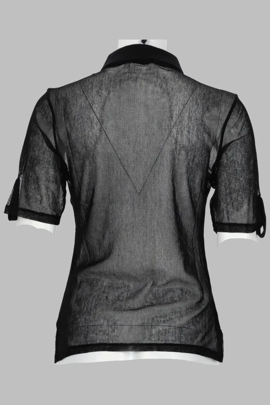 Paloma Wool women’s top Sile black sheer mesh blouse with short sleeves and solid black collar front view