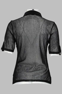 Paloma Wool women’s top Sile black sheer mesh blouse with short sleeves and solid black collar front view