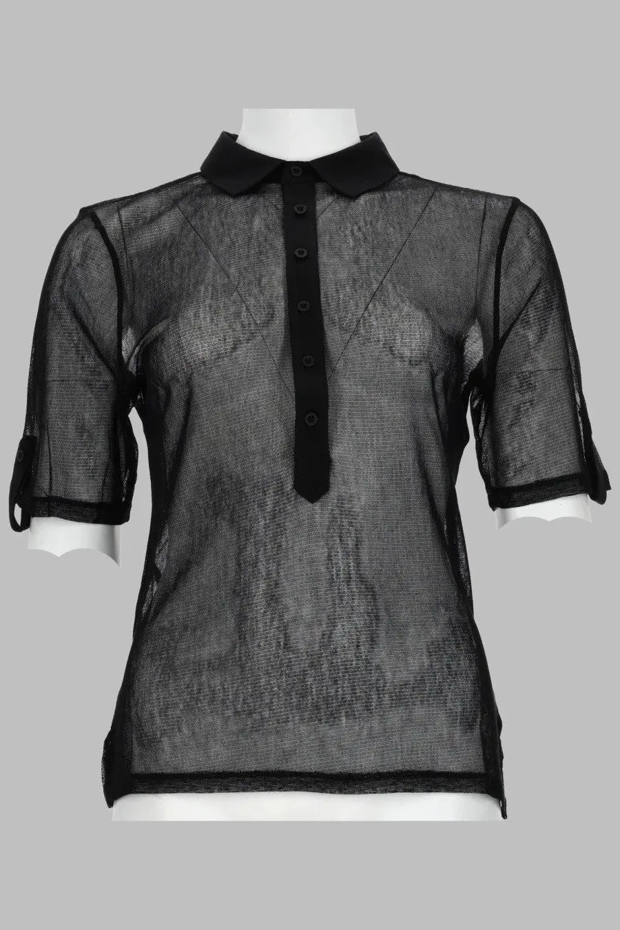 Paloma Wool women’s black sheer mesh blouse with solid collar and button placket for stylish layering