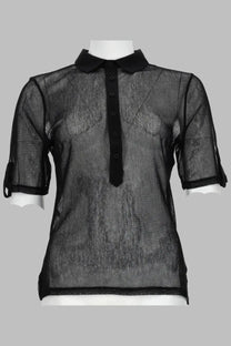 Paloma Wool women’s black sheer mesh blouse with solid collar and button placket for stylish layering