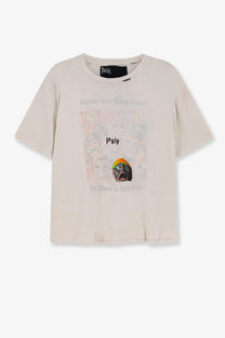Cream-colored short-sleeved cotton t-shirt by paly with a distressed cartoon face graphic and anxiety-themed text