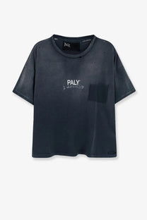 Dark gray distressed paly men’s core cotton t shirt with faded white logo and subtle embroidery in black color