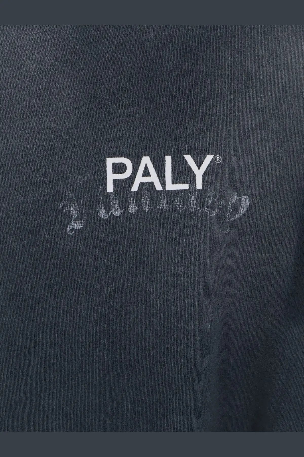 Black paly men’s core cotton sweatshirt with white paly logo and faded cursive script on the front