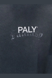 Black paly men’s core cotton sweatshirt with white paly logo and faded cursive script on the front