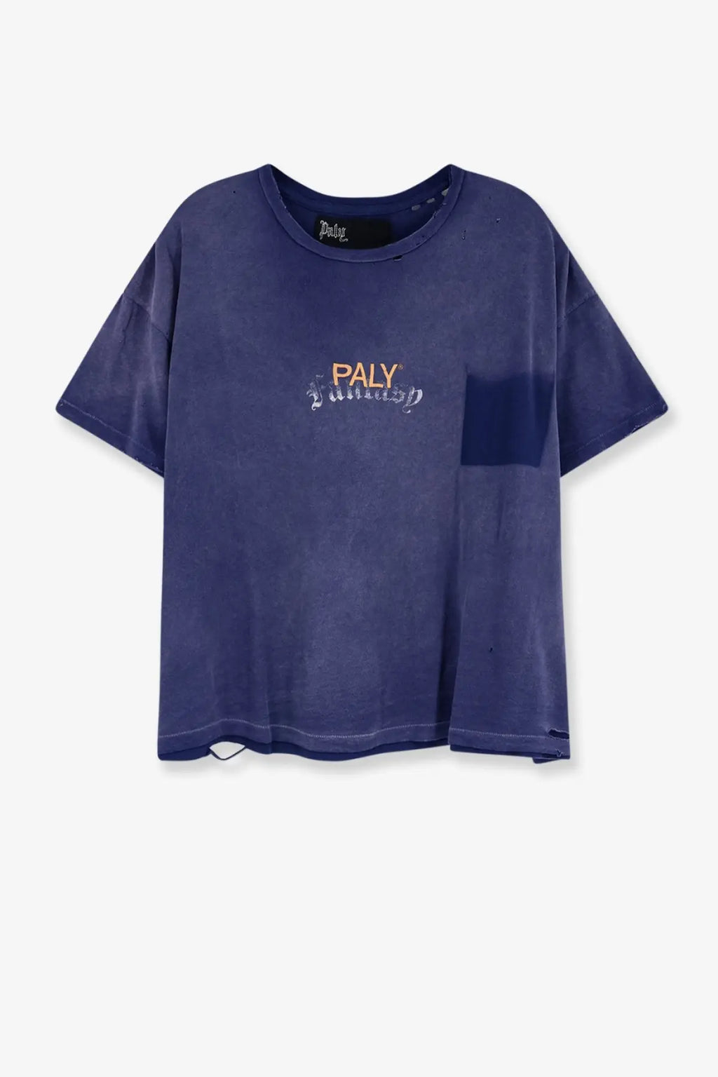 Dark blue slightly faded distressed cotton short sleeve t shirt with paly logo embroidered in orange and white