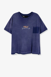 Dark blue slightly faded distressed cotton short sleeve t shirt with paly logo embroidered in orange and white