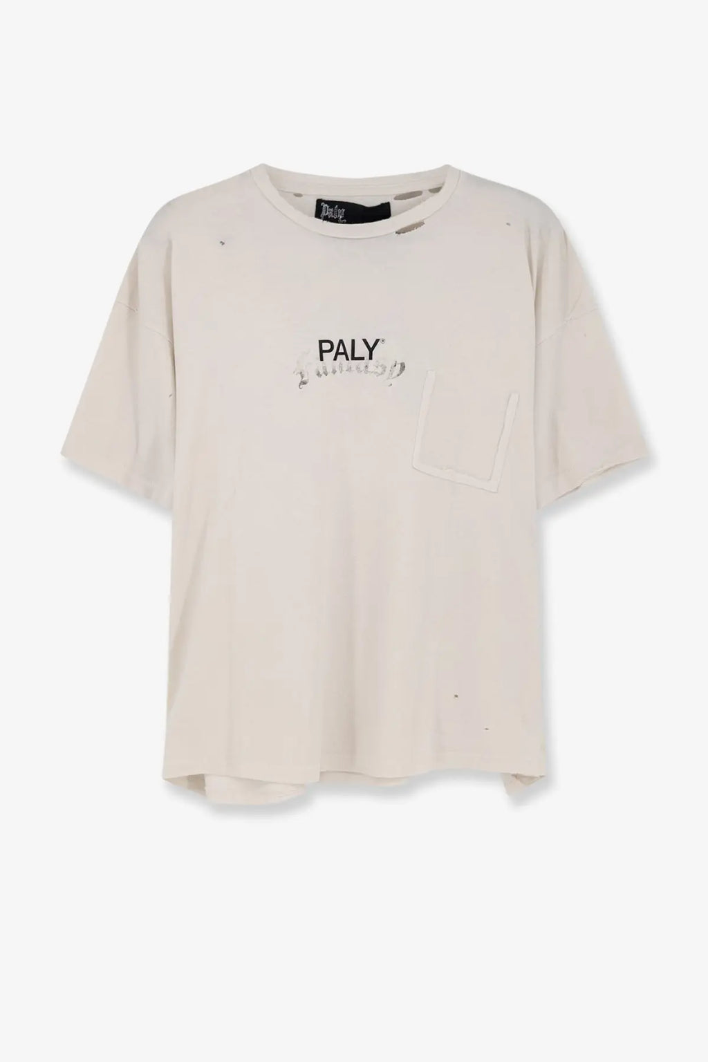 Paly men’s cotton beige distressed short-sleeve t-shirt with chest pocket and branding in white style