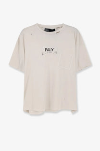 Paly men’s cotton beige distressed short-sleeve t-shirt with chest pocket and branding in white style