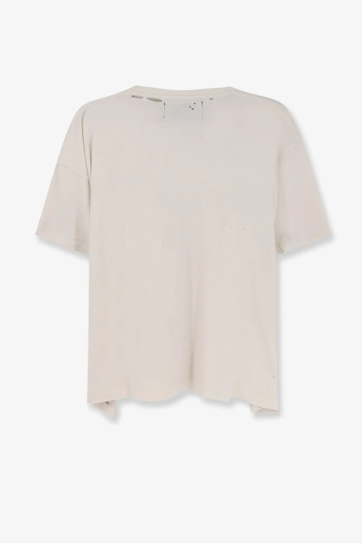 Beige oversized cotton t-shirt for men with distressed frayed edges and subtle fabric tears at the neckline