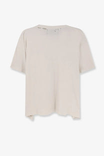 Beige oversized cotton t-shirt for men with distressed frayed edges and subtle fabric tears at the neckline