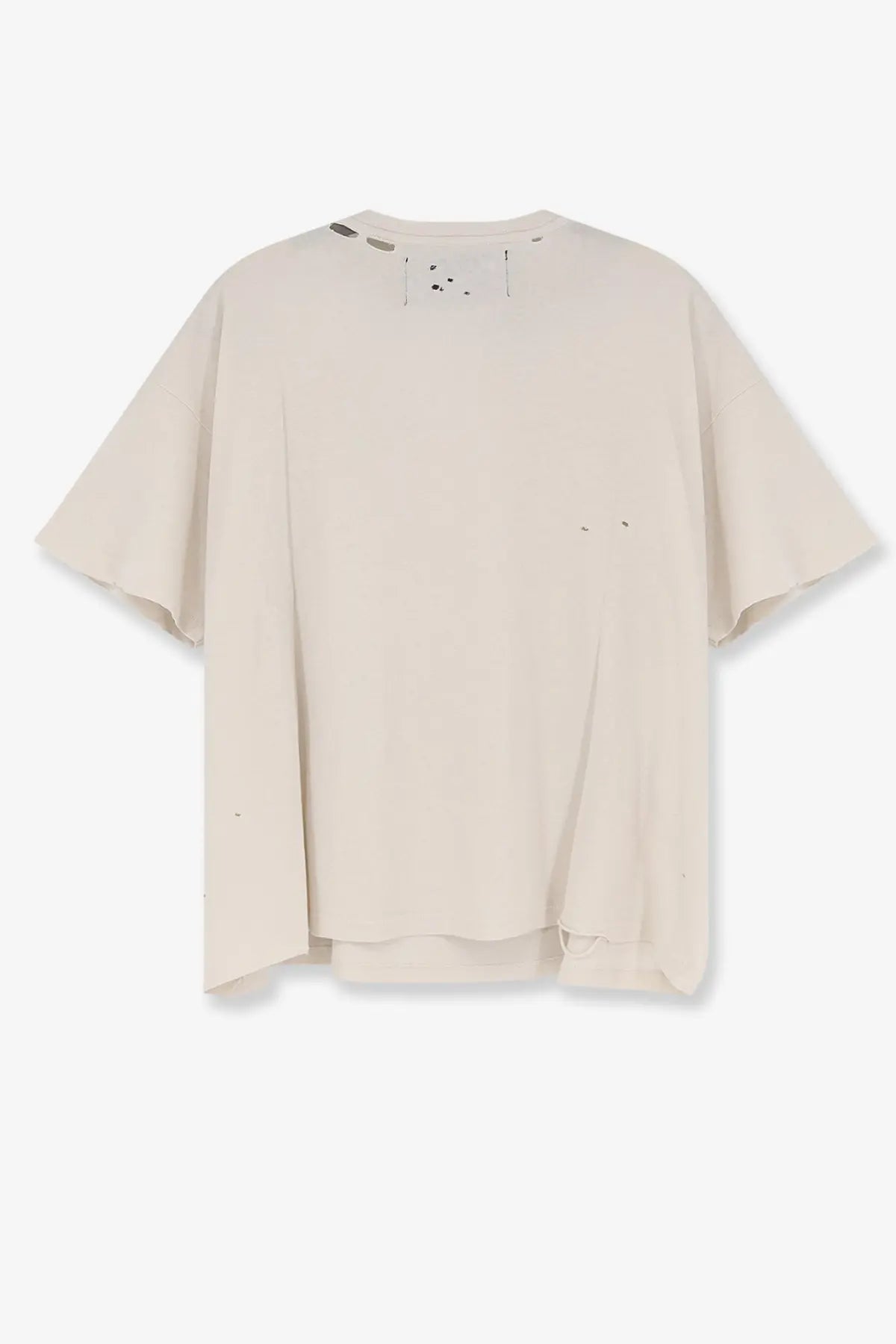 Beige oversized cotton t-shirt by paly men with distressed ripped details at neckline and hem