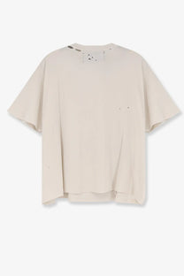 Beige oversized cotton t-shirt by paly men with distressed ripped details at neckline and hem