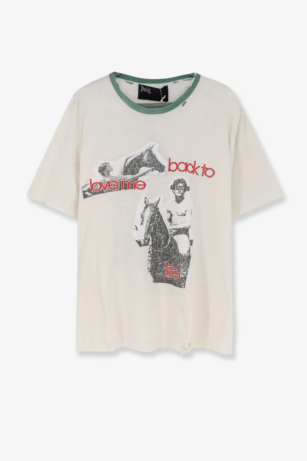 Cream-colored cotton short-sleeve t-shirt with distressed horse graphic and red black text green neckline trim for men