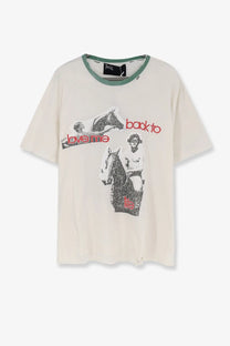 Cream-colored cotton short-sleeve t-shirt with distressed horse graphic and red black text green neckline trim for men