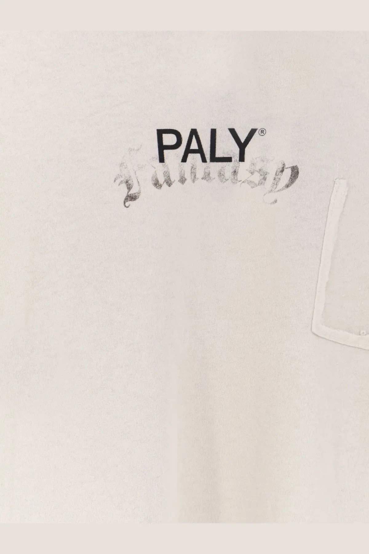 Off-white casual cotton t-shirt with bold black paly logo and distressed script design for men