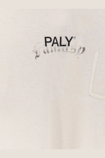Off-white casual cotton t-shirt with bold black paly logo and distressed script design for men