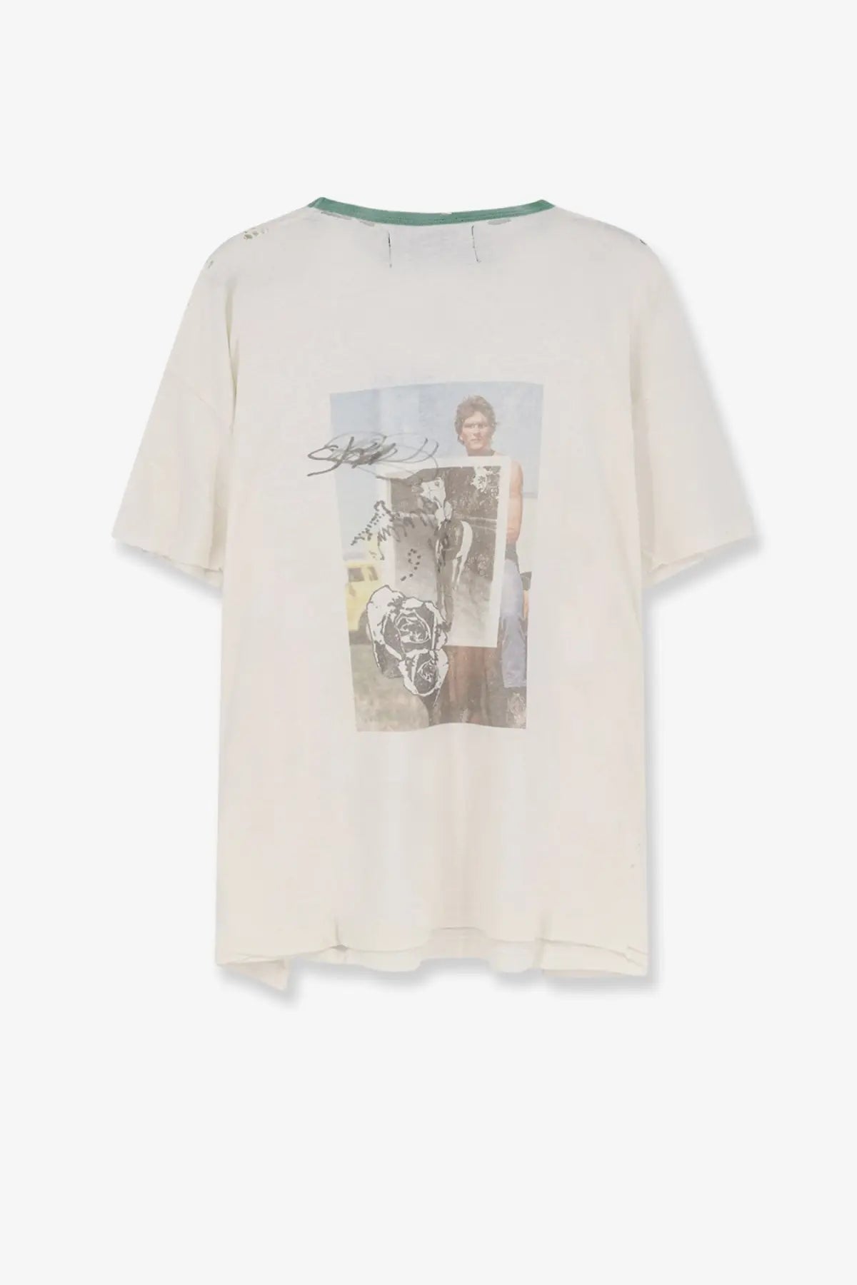 Off-white cotton t-shirt with vintage graphic of person holding artwork and dog accented by green ribbed neckline