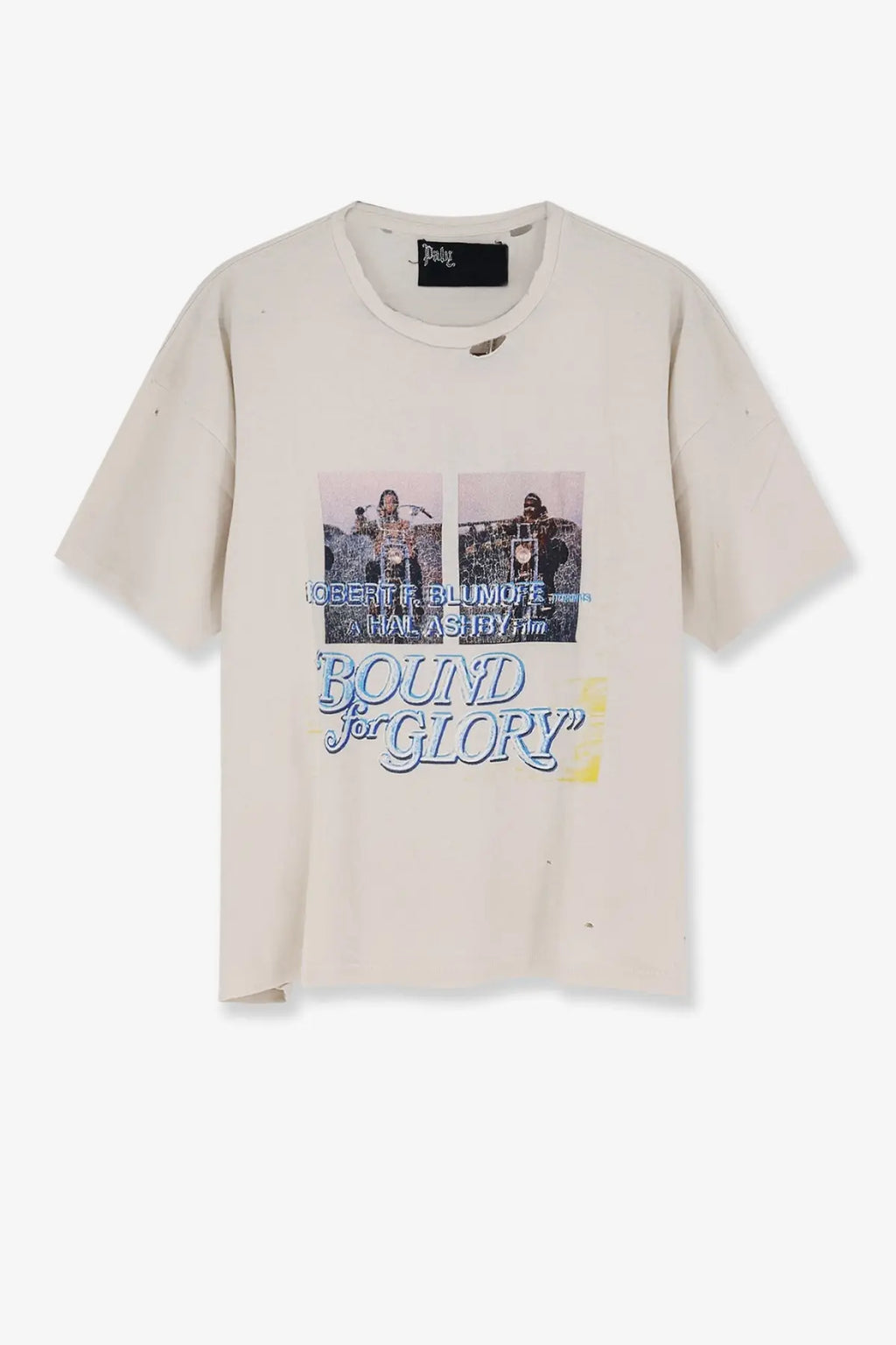 Off-white cotton t-shirt featuring vintage black and white photos and bound for glory text in blue script for men