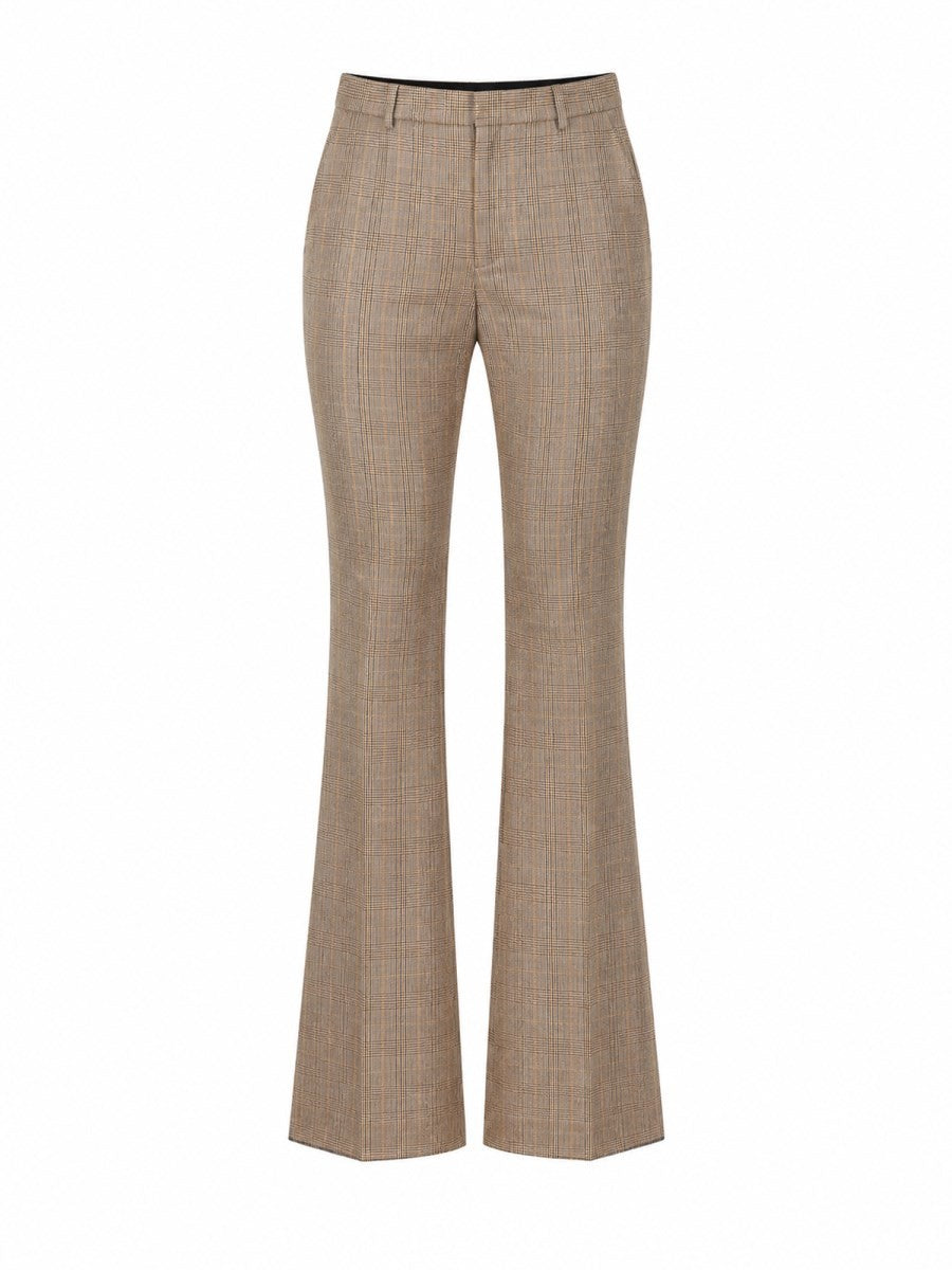 Saint Laurent Women's Pantalone Svasato in Lana Pied De Poule Principe Di Galles Beige