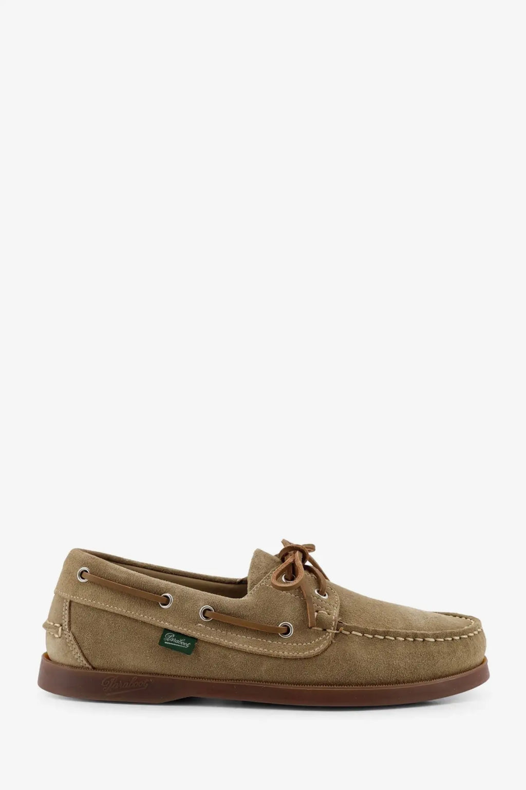 Paraboot men’s barth marine suede loafers in tan with brown laces and matching rubber sole boat shoe design