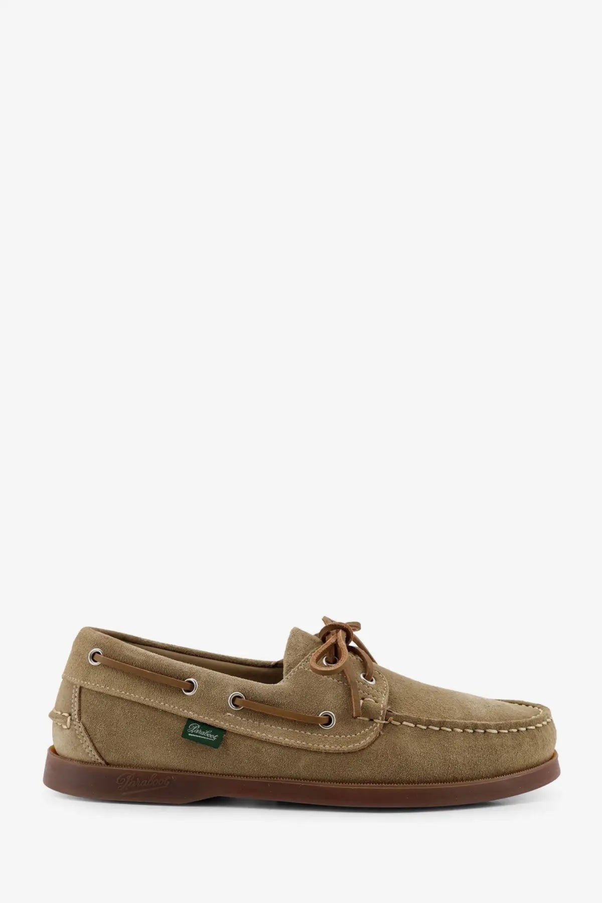 Paraboot men’s barth marine suede loafers in tan with brown laces and matching rubber sole boat shoe design
