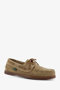 Tan suede Paraboot men’s Barth Marine loafers with brown laces and matching rubber sole in miel color