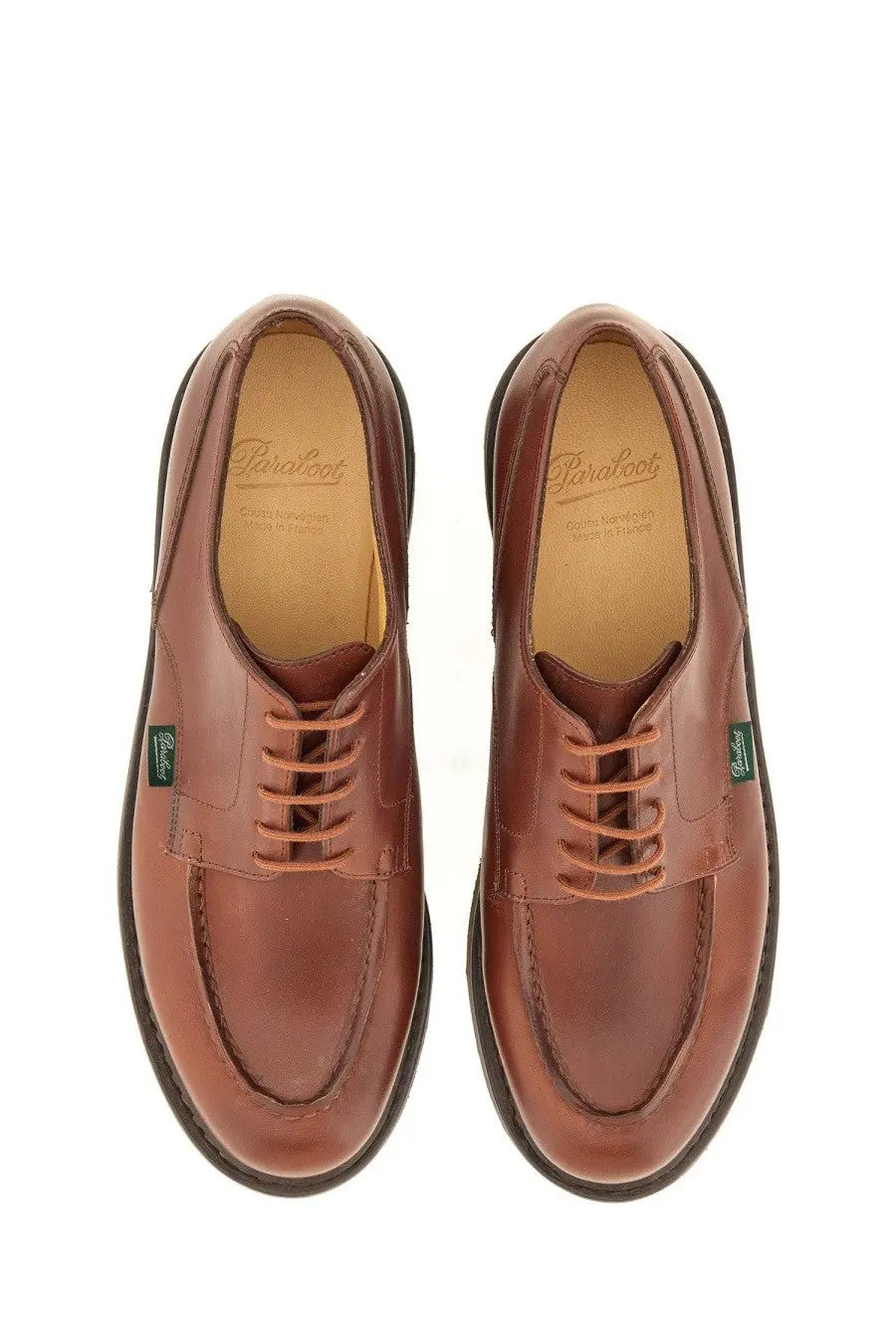 Paraboot men’s lace up chambord brown derby shoes in brown leather with matching laces and black rubber sole