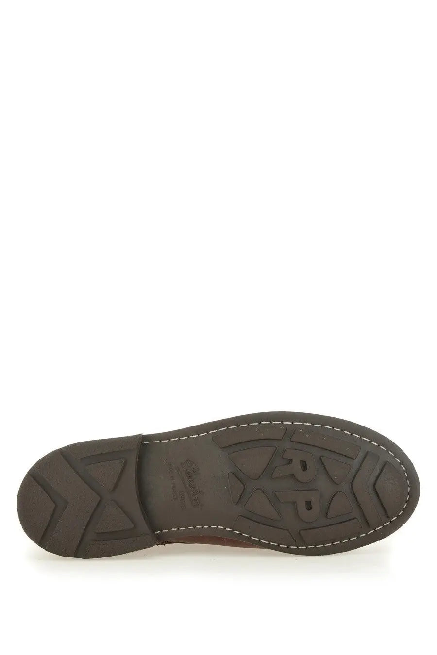 Paraboot men’s lace up chambord brown leather shoe with textured rubber sole and white stitching along the edge