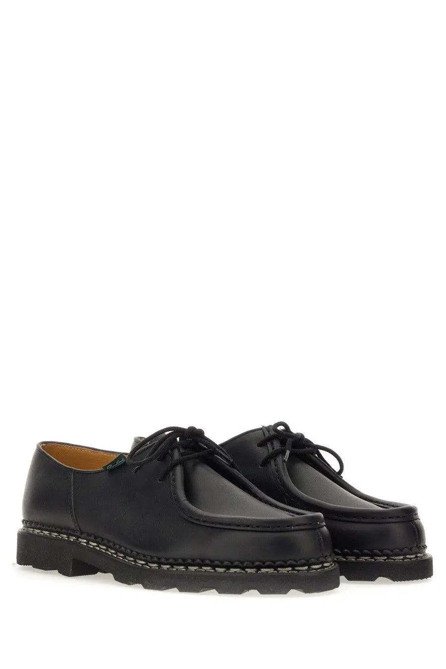 Paraboot men’s lace-up oxford shoes in black leather with textured rubber sole and visible stitching along edge