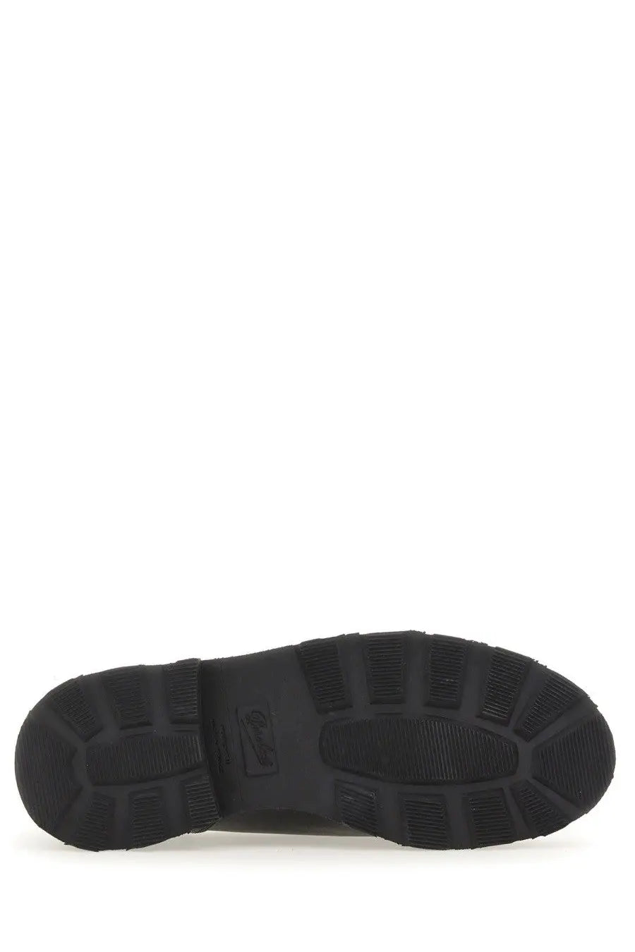 Black rubber sole with textured tread and embossed logo on paraboot men’s lace up two holes michael black shoe