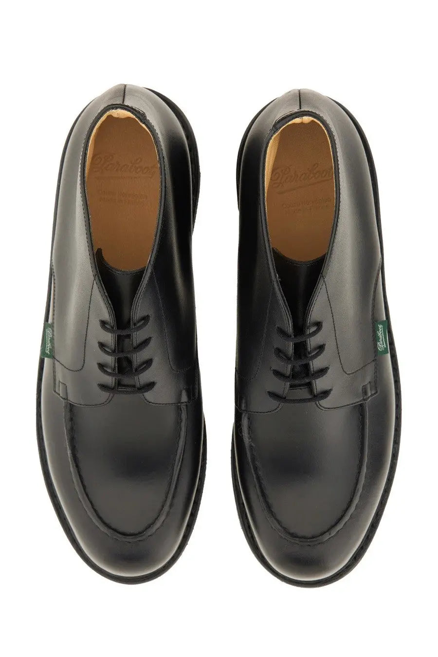 Paraboot men’s black leather oxford shoes with polished finish and green brand tags on the sides