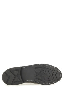 Black rubber sole with white stitching and embossed logo on paraboot men’s leather black boot back side