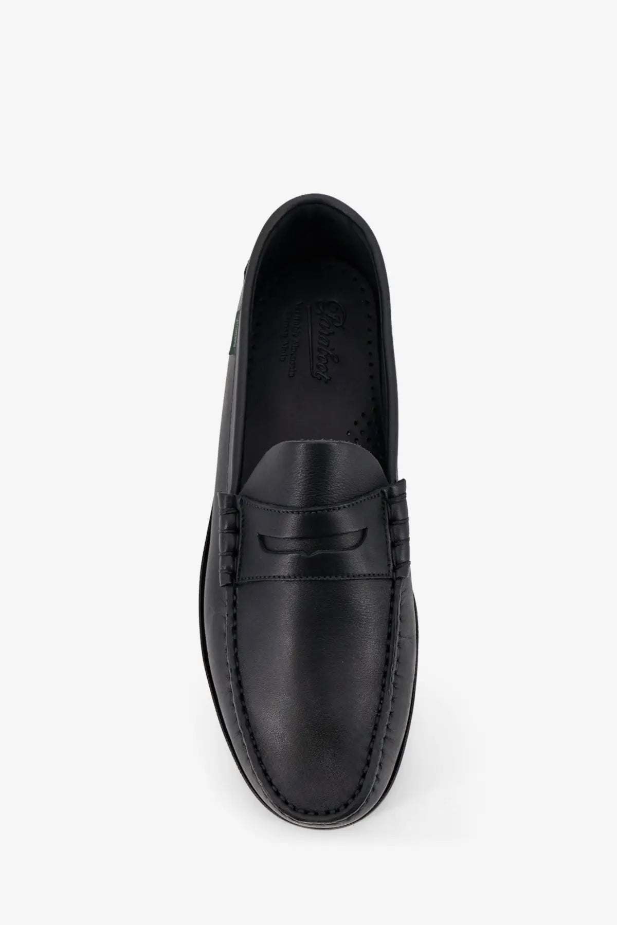 Paraboot men’s black leather loafers with stitched strap and braided detailing for stylish formal wear