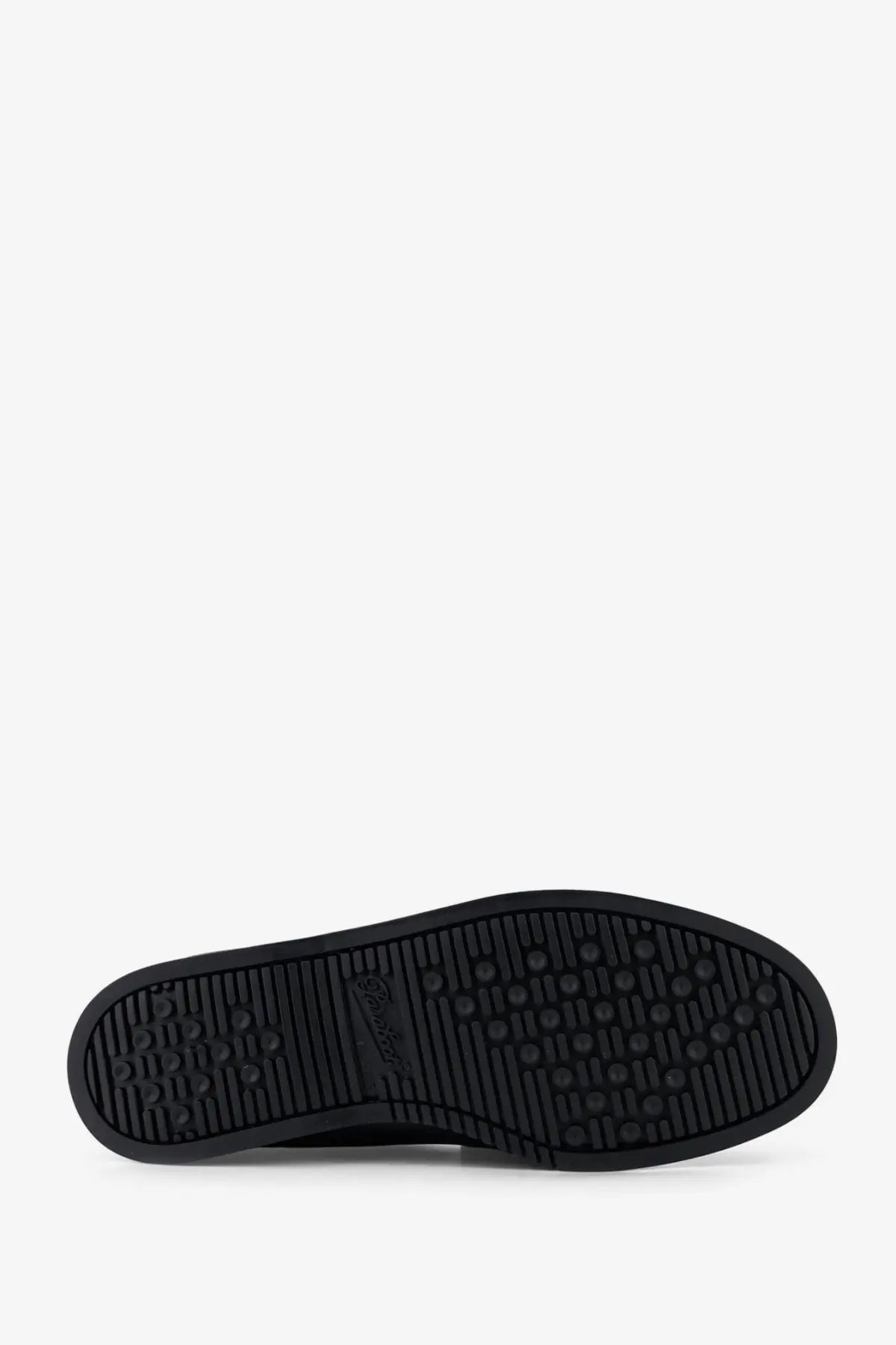 Black rubber sole with textured pattern and embossed brand logo on paraboot men’s leather loafers black