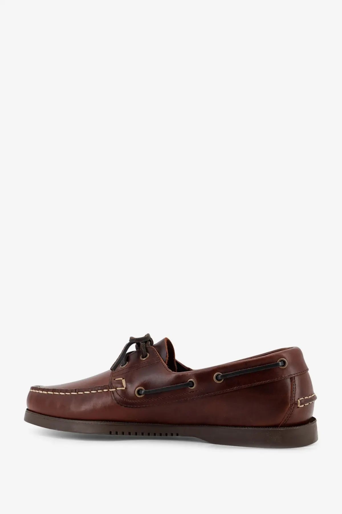Paraboot men’s leather loafers brown with brown leather boat shoe design black laces and contrasting stitching