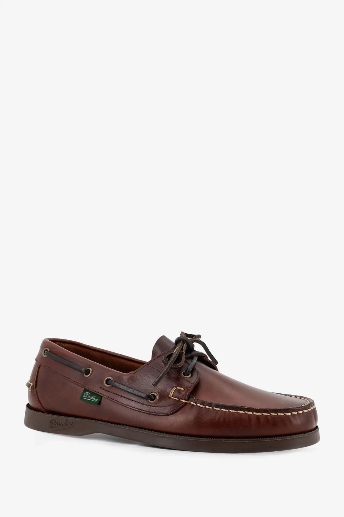 Paraboot men’s leather loafers brown in brown leather boat shoe style with dark laces and contrasting stitching