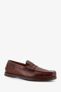 Paraboot men’s brown leather penny loafer with braided strap detail and dark brown rubber sole