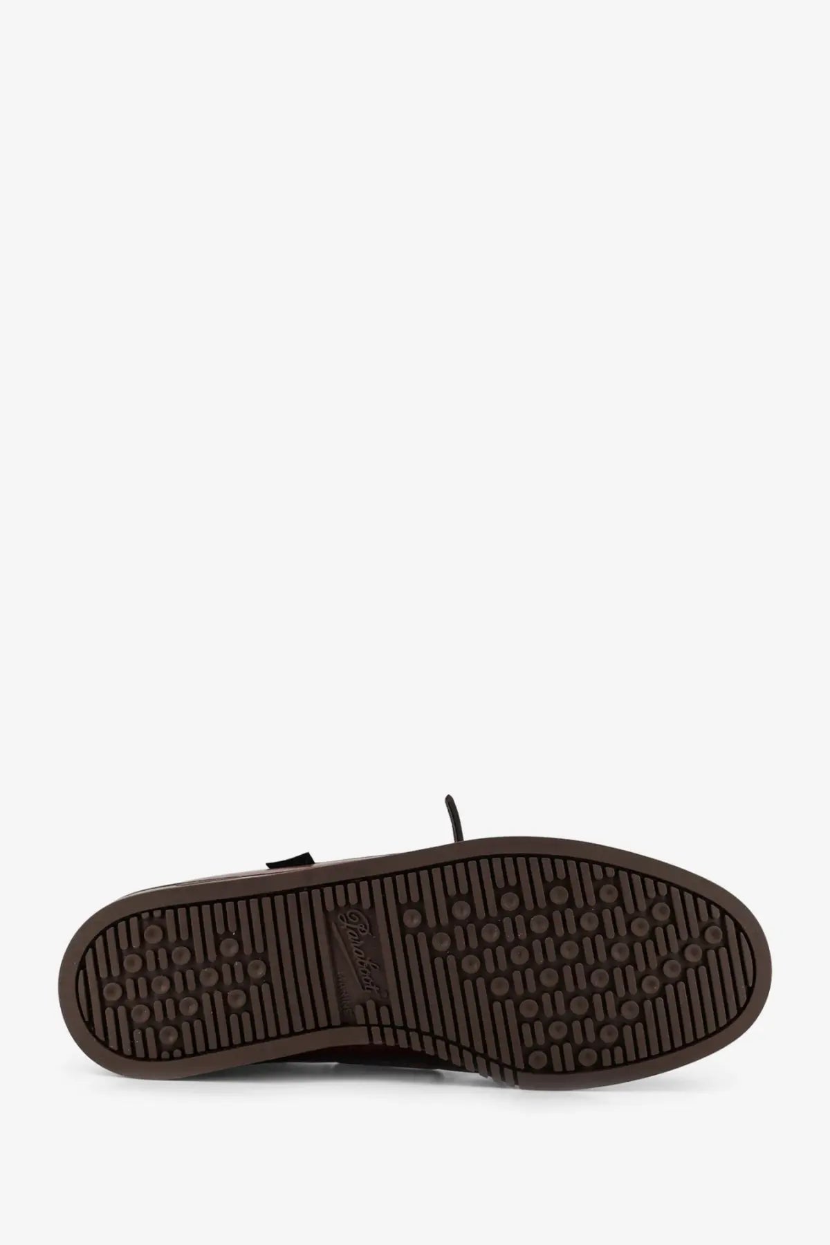 Brown rubber sole with textured pattern and birkenstock brand embossed on paraboot mens leather loafers brown back side